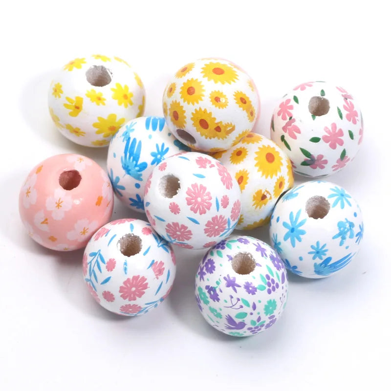 Round Flower Painting Wood Beads