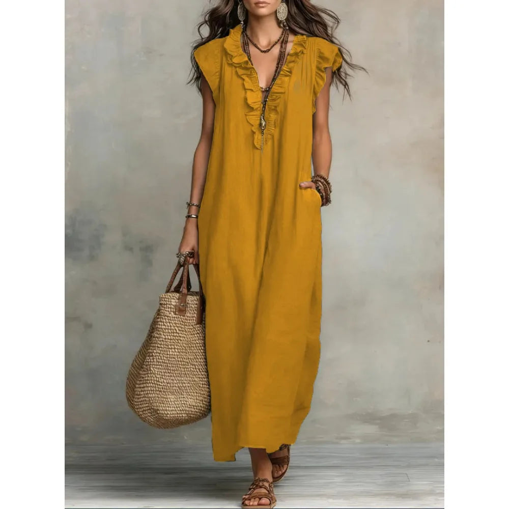 Women's Bohemian Ruffle Linen Maxi Dress