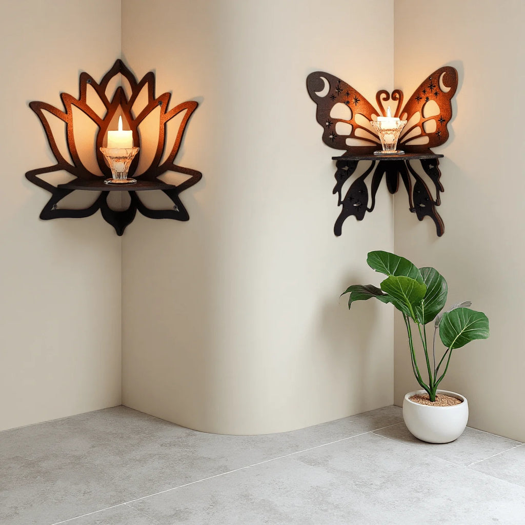Lotus & Butterfly Corner Shelf – Decorative Wood Wall Sconce for Candles & Plants Includes Lotus & Butterfly Motifs, Natural Finish, Great for Bathroom Vanity, Entryway or Meditation Space Styling