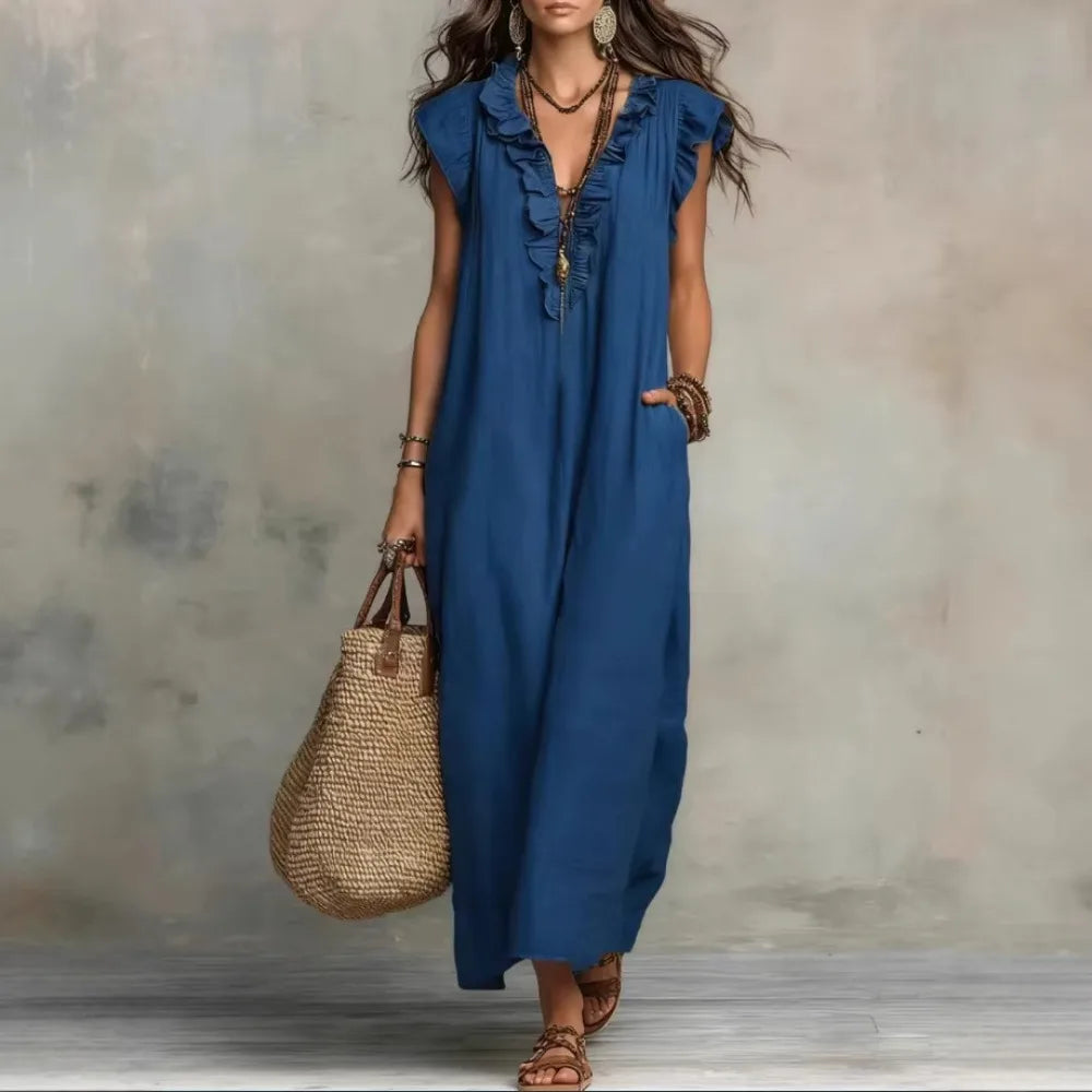 Women's Bohemian Ruffle Linen Maxi Dress