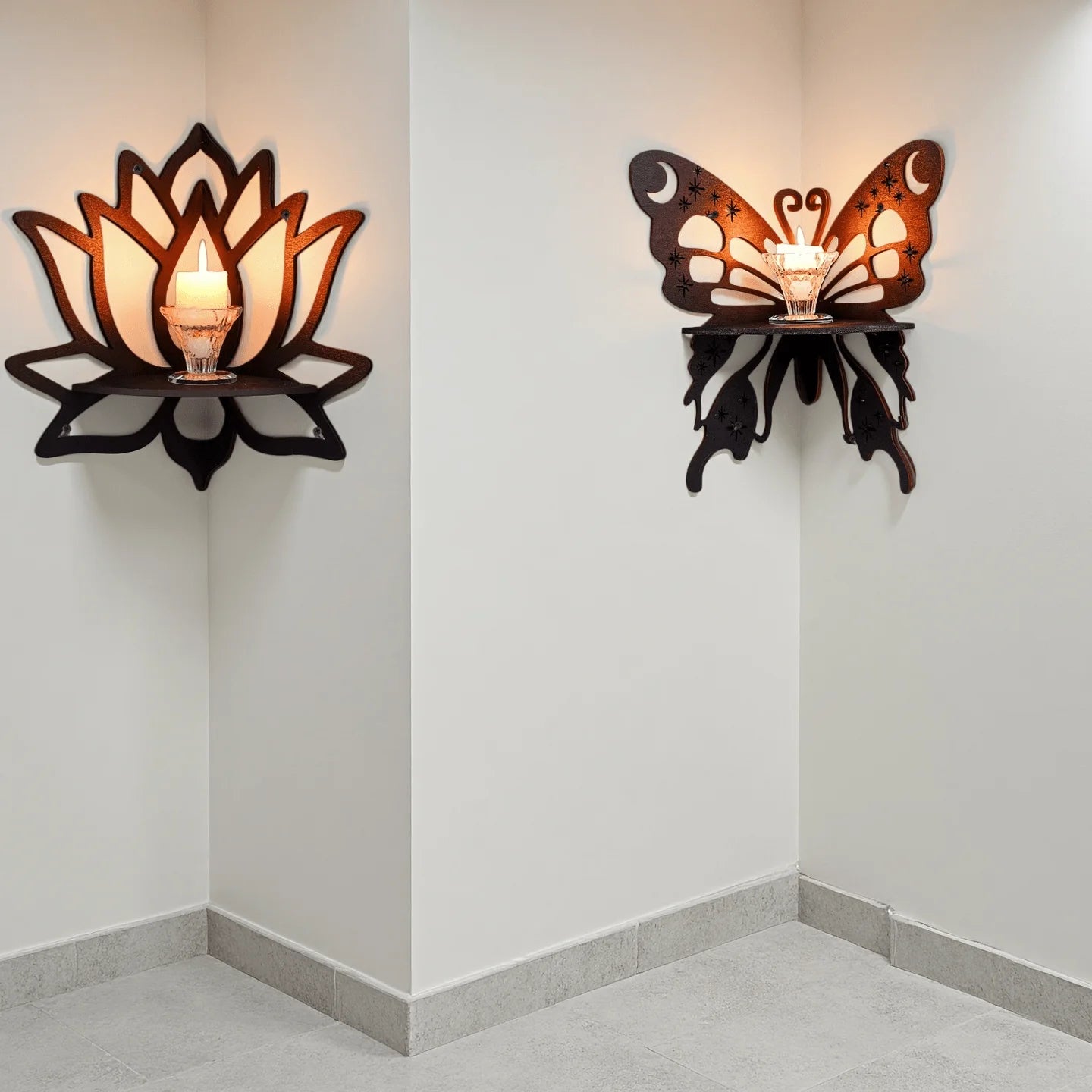 Lotus & Butterfly Corner Shelf – Decorative Wood Wall Sconce for Candles & Plants Includes Lotus & Butterfly Motifs, Natural Finish, Great for Bathroom Vanity, Entryway or Meditation Space Styling